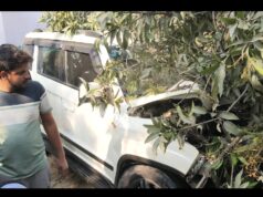 तेज रफ्तार टीयूवी अनियंत्रित होकर पेड़ से टकराई, स्कूल की दीवार तोड़ते हुए गड्ढे में गिरी, कार पूरी तरह क्षतिग्रस्त, बड़ा हादसा टला